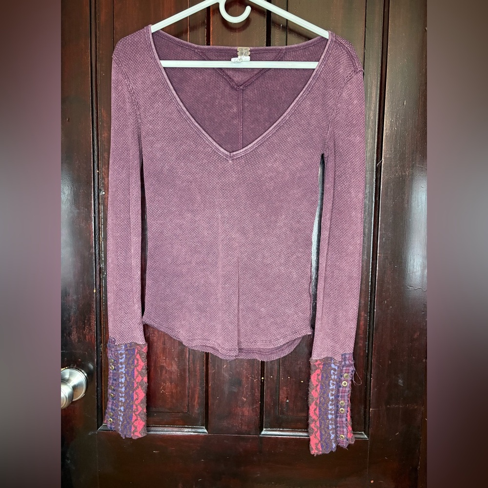 We The Free Plum Long Sleeve Top with Patterned Cuffs